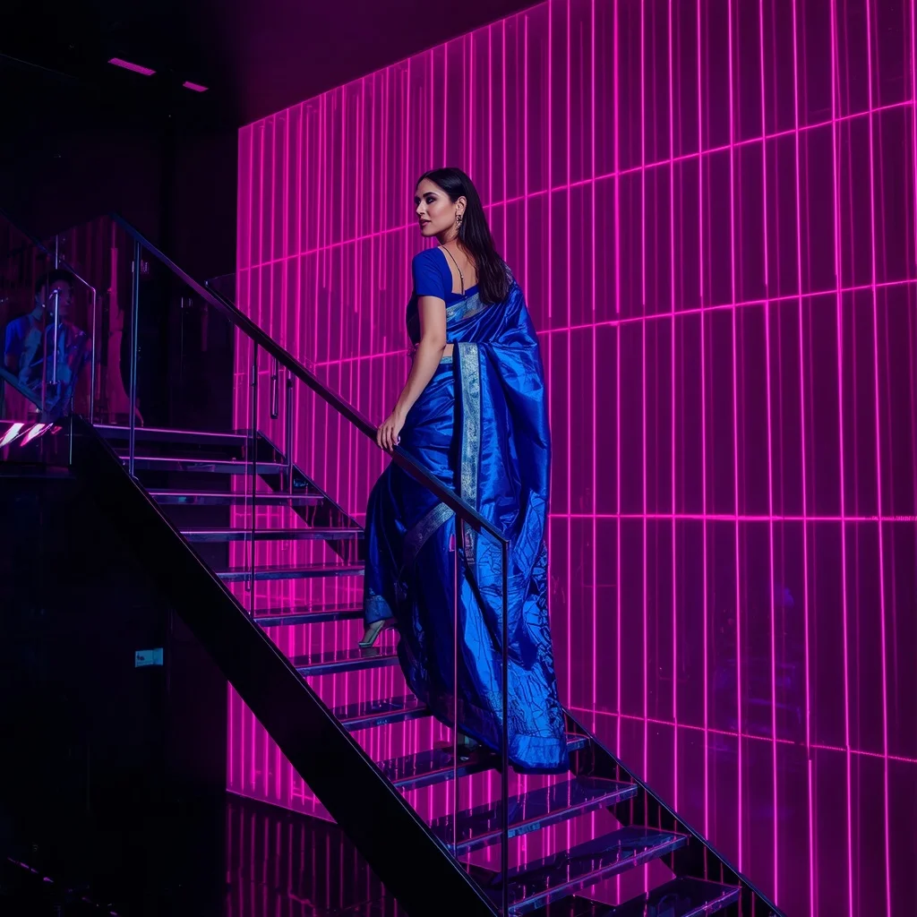 Holographic Sapphire Saree – Descending Glass Stairs with Magenta Laser Grid | ChatGPT Ai Prompt