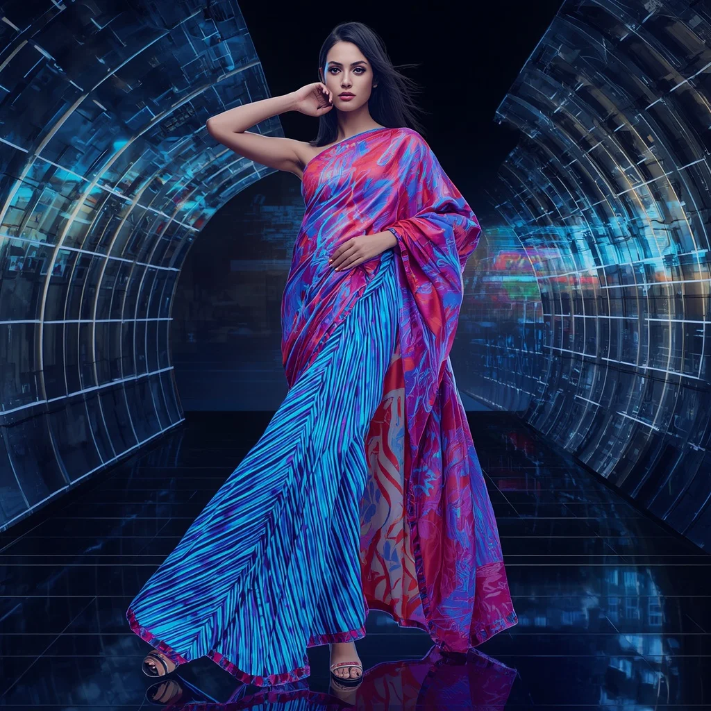Holographic Silk Rift Saree with Digital Dimension Split Field | Prompt For Traditional Look For Girl