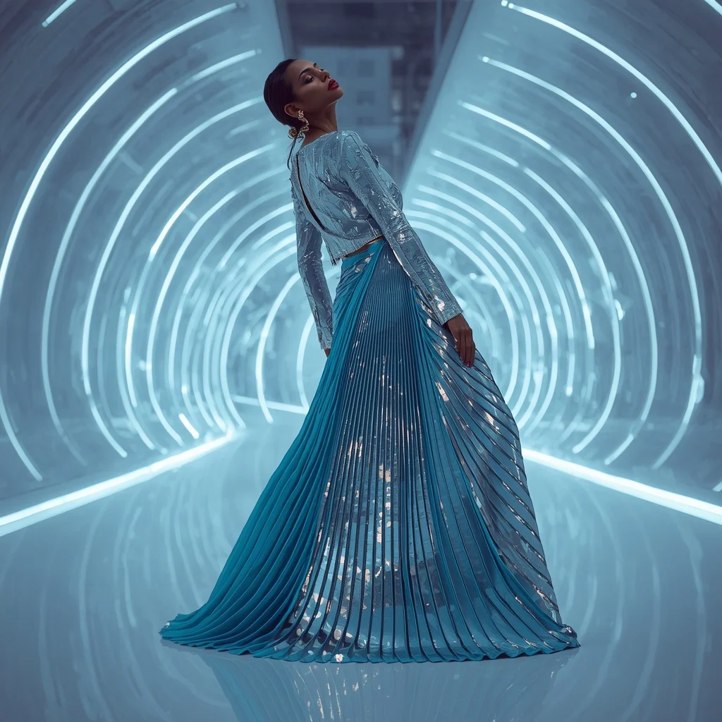 Holographic Silver and Electric Cyan Saree in Digital Atrium | Viral Ai Image Prompt