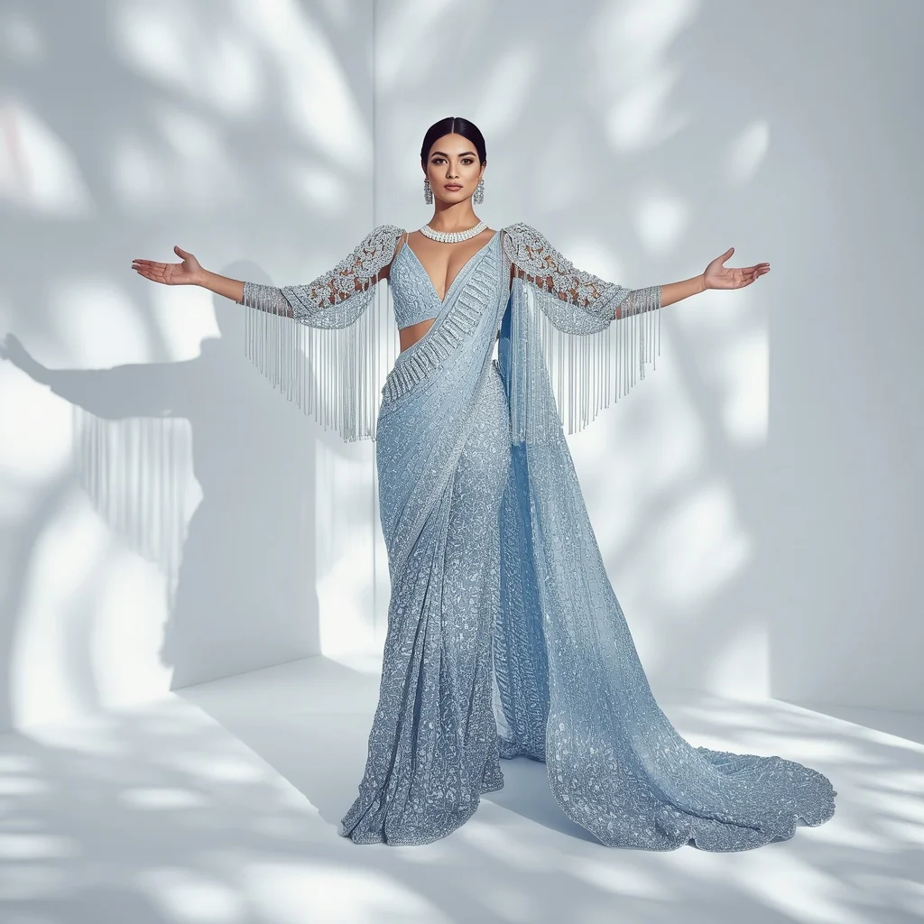 Ice Blue Heavy Threadwork Saree with Cascading Crystal Cape | Prompt For Traditional Look On Instagram