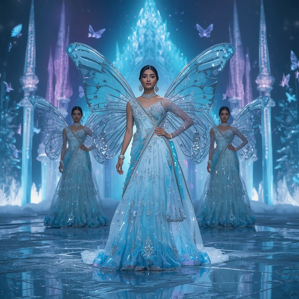 Ice Crystal Butterfly Queen Saree Multi Pose Fantasy with Frozen Aurora Castle Background | Modern Design Ai Prompt