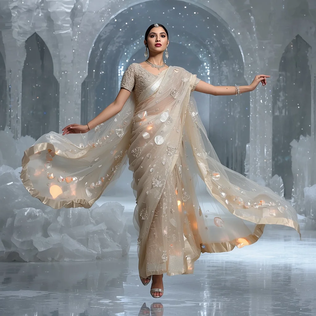 Ice Pearl Eclipse Saree – Luxury Glam Saree with Floating Pose and Frozen Eclipse Crystal Hall Background | Secret Ai Prompt