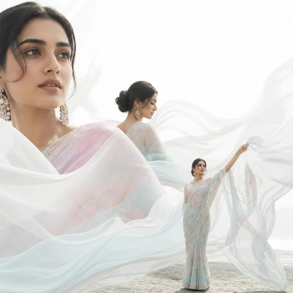 Icy Blue Laser-Cut Velvet Saree with | Prompt Gemini Ai