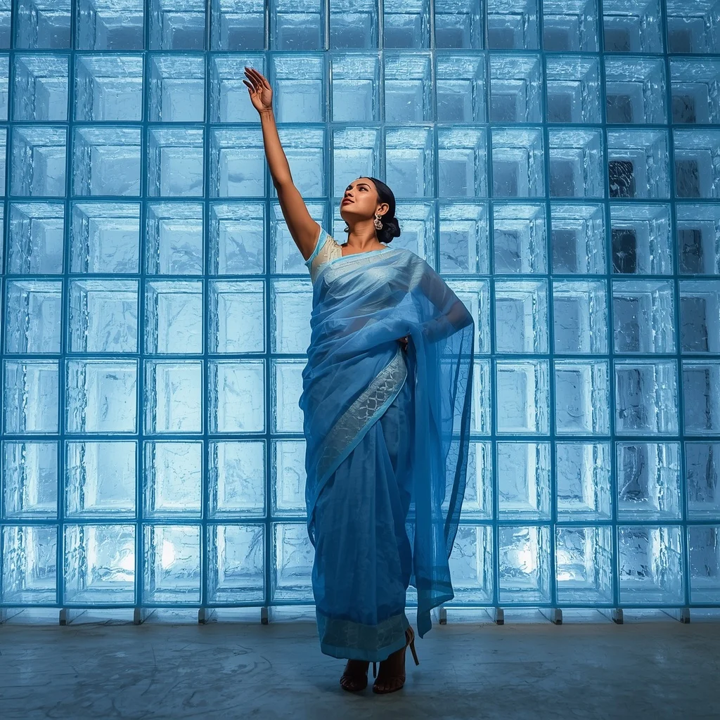 Icy Blue Organza Saree – Tip-Toe Upward Reach with Frosted Glass Blocks | Gym Influencer Ai Prompt