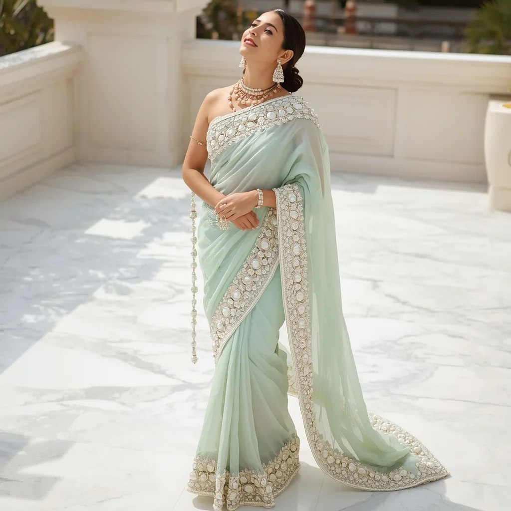 Icy Mint Heavy Macrame & Pearl Border Saree | Looking Up at Sky Pose | Trending Prompt In Instagram Ai Photo Girls