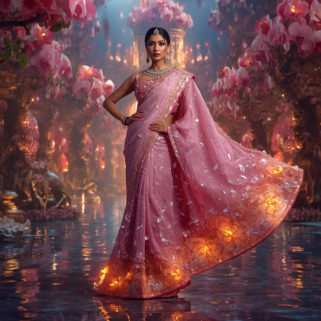 Imperial Crystal Orchid Firestorm Galaxy Festival Saree With Floating Floral Empire Queen Pose | Cute Prompt For Girls In Saree In English