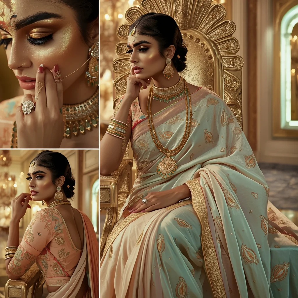 Imperial Luxury Pastel Saree Image Prompt for Women with Golden Peacock Throne Glow | Indian Girl Saree Ai Prompt 4k Realistic