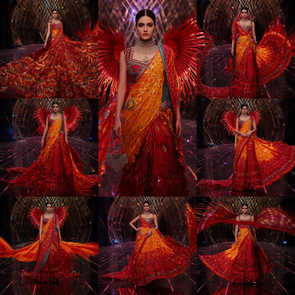 Inferno Peacock Royale Saree with Floating Infinity Neon Temple | Cinematic Ai Prompt