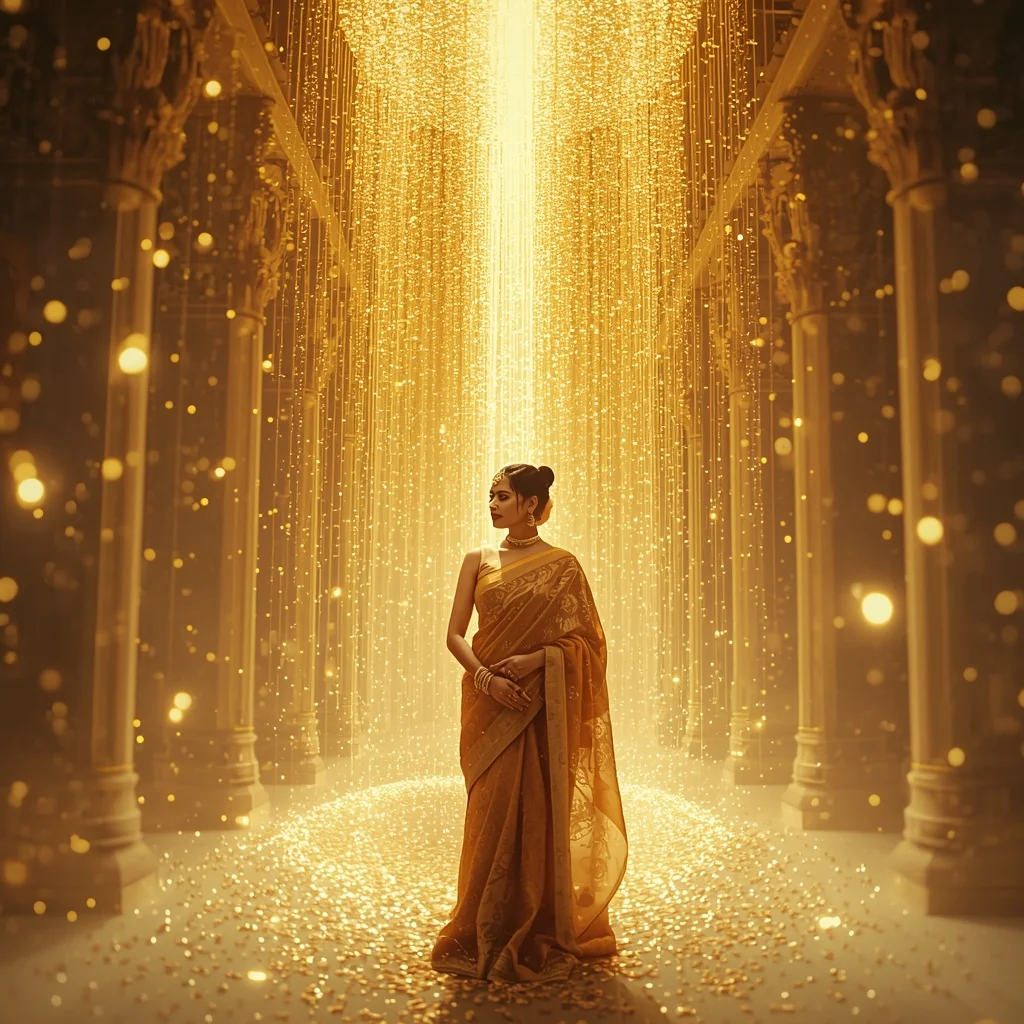 Infinite Golden Particle Rain Temple Collage | Saree Dp Ai Prompt