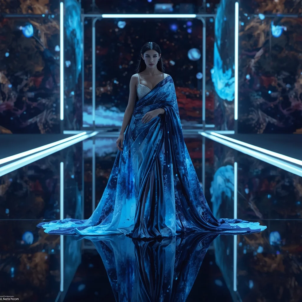 Infinite Horizon Liquid Saree with Space Reflection Floor | Gemini Ai Prompt For Instagram