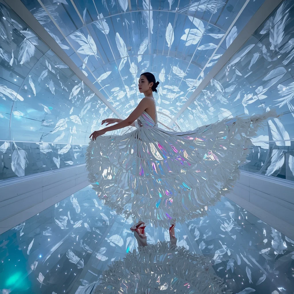 Infinite Mirror Feather Saree with Recursive Sky Hall | Prompt For Traditional Look For Girl