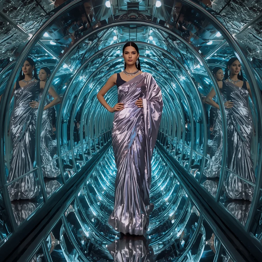 Infinite Mirror Silk Saree with Recursive Light Hall | Prompt For Gemini AI Girl Style Trending Instagram