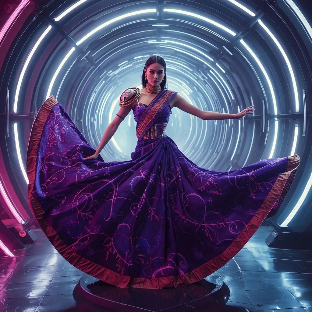 Infinite Spiral Fabric Saree with Rotating Dimension Tunnel | Woman Pose Ai Prompt
