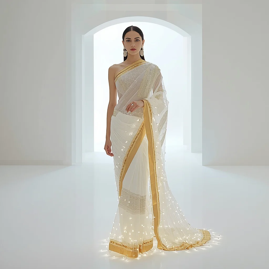 Infinite Void Light Weave Saree with Zero Horizon Hall | Instagram Model Ai Prompt