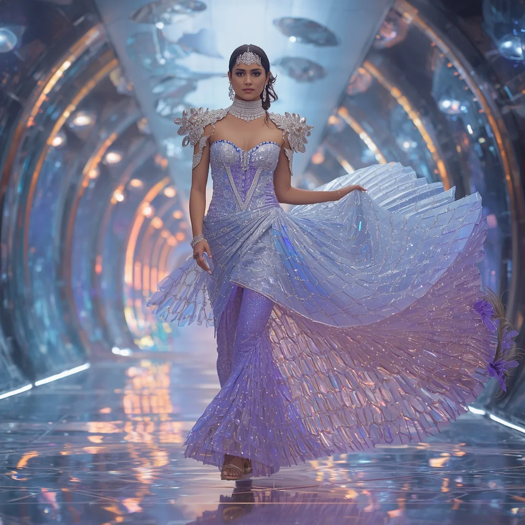 Infinity Crystal Wave Saree with Floating Prism Tunnels and Neon Aurora Canals | Fitness Model Ai Prompt