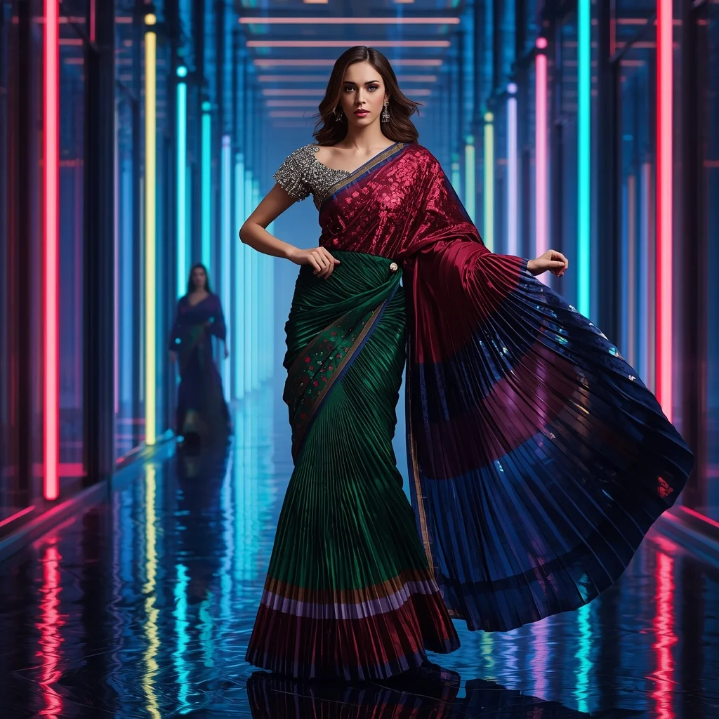 Infinity Royale Celestial Eclipse Saree with Dynamic Neon Skyline Galaxies | ChatGPT Ai Prompt