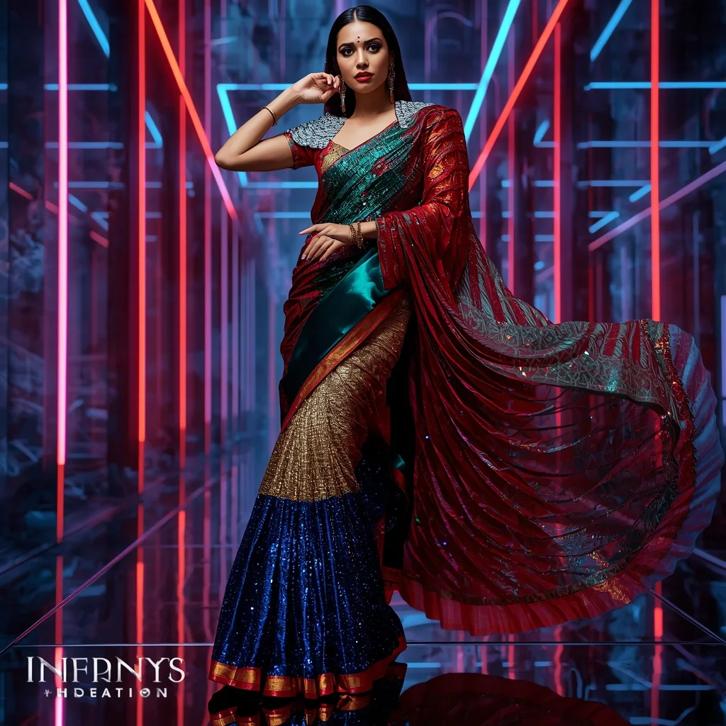 Infinity Royale Celestial Mirage Saree with Dynamic Neon Skyline Universes | Prompt Seen Girl