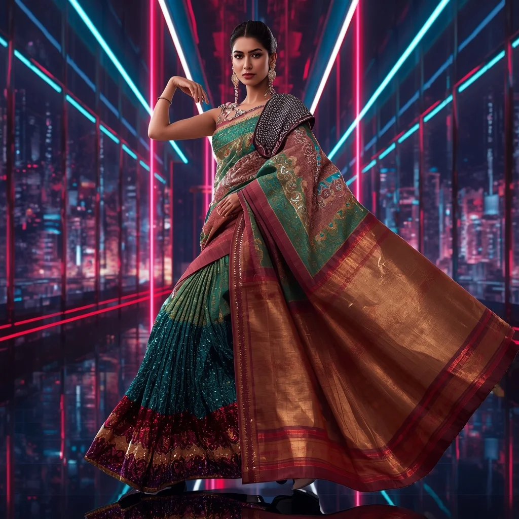 Infinity Royale Celestial Quantum Saree with Dynamic Neon Skyline Universes | Candid Female Portrait Ai Prompt