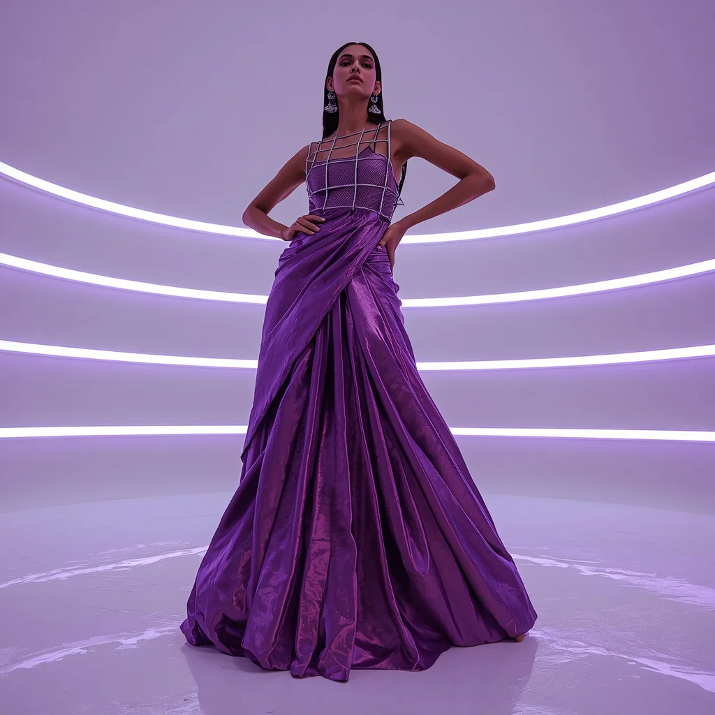 Iridescent Amethyst and Chrome Cage Saree with Clean Quantum Dome | Ai Video Generator Prompt