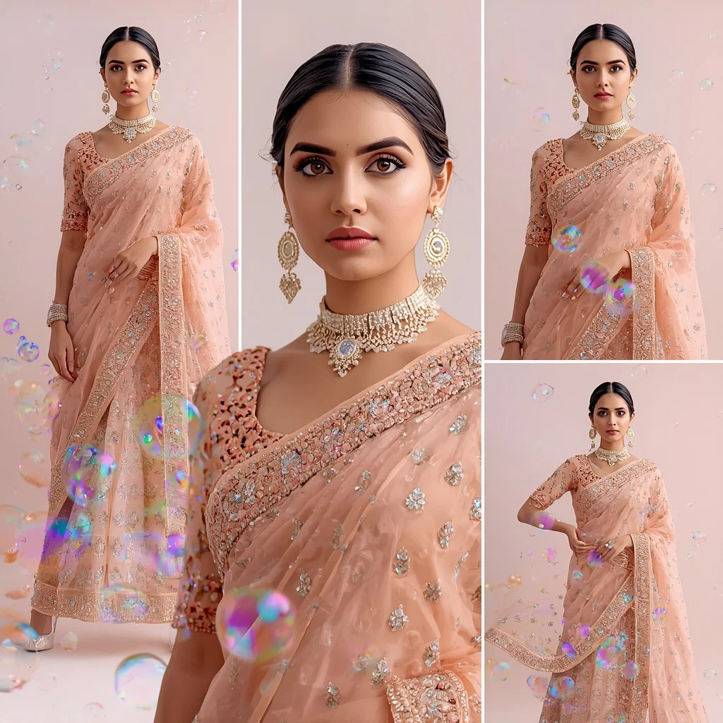 Iridescent Bubbles With Complex Designer Festive Fancy Saree | 3d Animation Ai Prompt