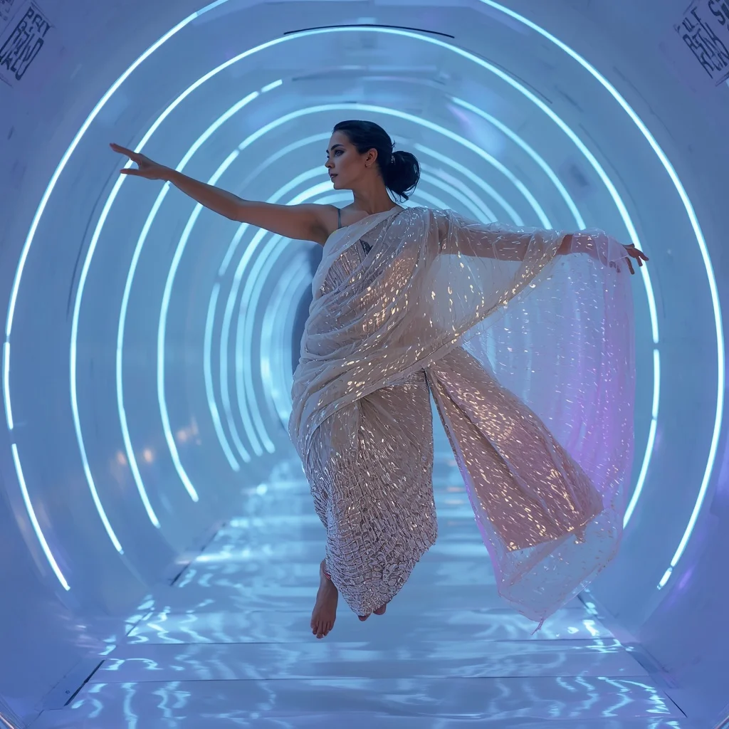 Iridescent Mother of Pearl Saree with Bioluminescent Walkway