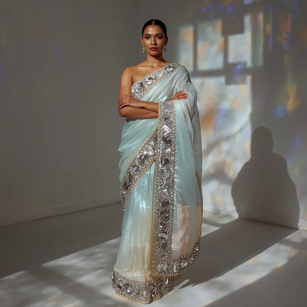 Iridescent Opal Organza Saree with Massive Glass-Cut Beads | Gemini Ai Photo