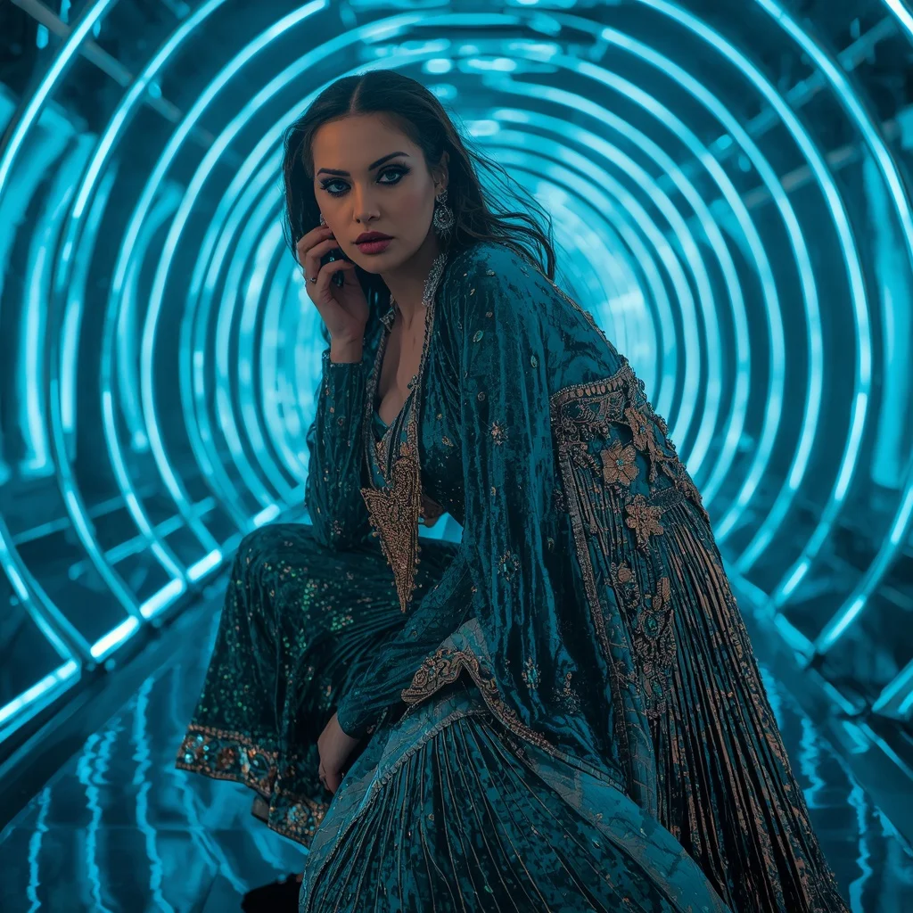 Iridescent Peacock and Chrome-Pleat Saree in Curve Corridor | Prompt For Traditional Look For Girl ChatGPT