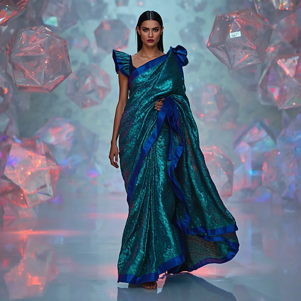 Iridescent Peacock-Scale Sequin Saree with Avant-Garde Draping | Leonardo Ai Image Prompt