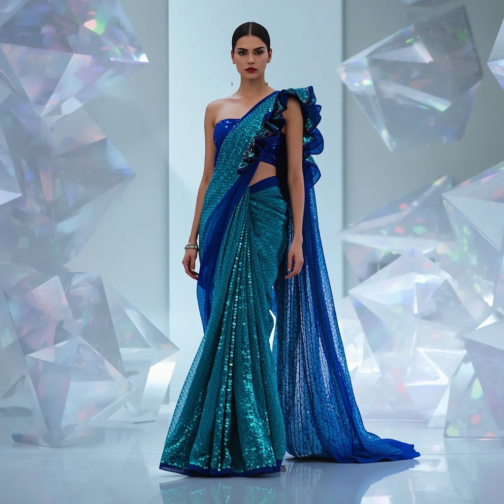 Iridescent Teal-Scale Sequin Saree with Avant-Garde Draping | Gemini Ai Prompt Copy Paste
