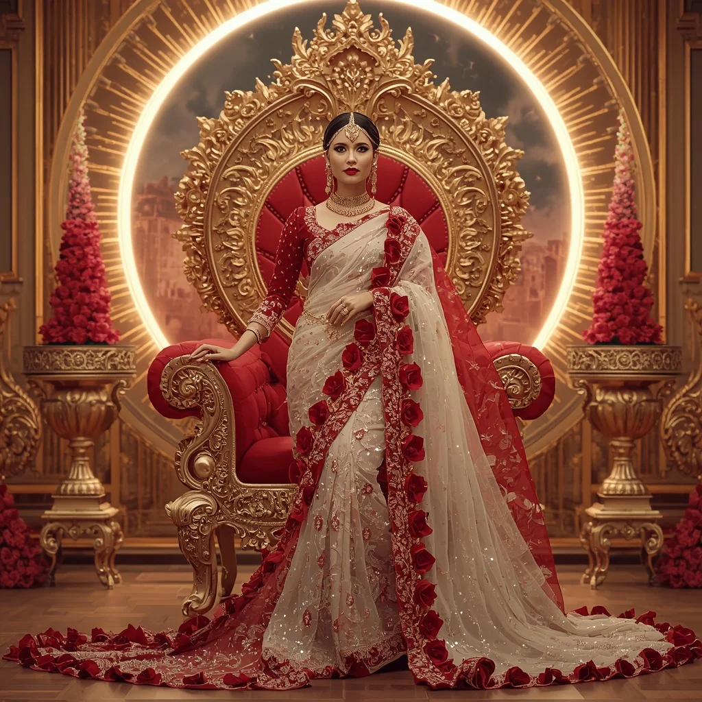 Ivory Crimson Celestia Hyperqueen Saree with Bloom Halo Eternal Absolute Monarch Throne | Mirror Selfie Ai Prompt