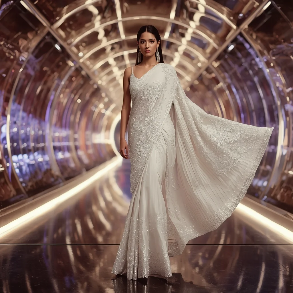 Ivory Crystal Royale Saree with Floating Orbit Reflection Infinity Tunnels | Gemini Photo Editing Prompt