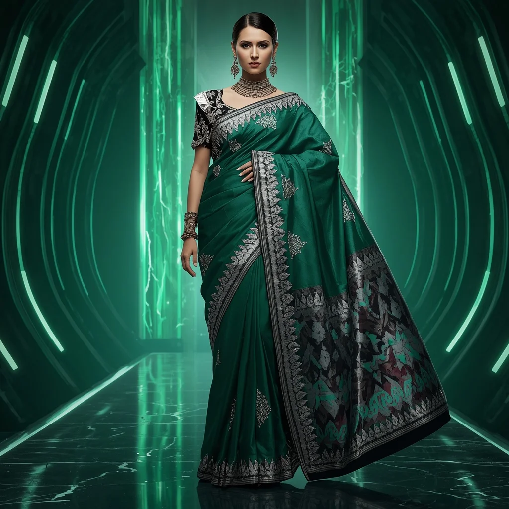 Jade Thunder Empress Saree with Emerald Lightning Citadel | Cinematic Ai Prompt