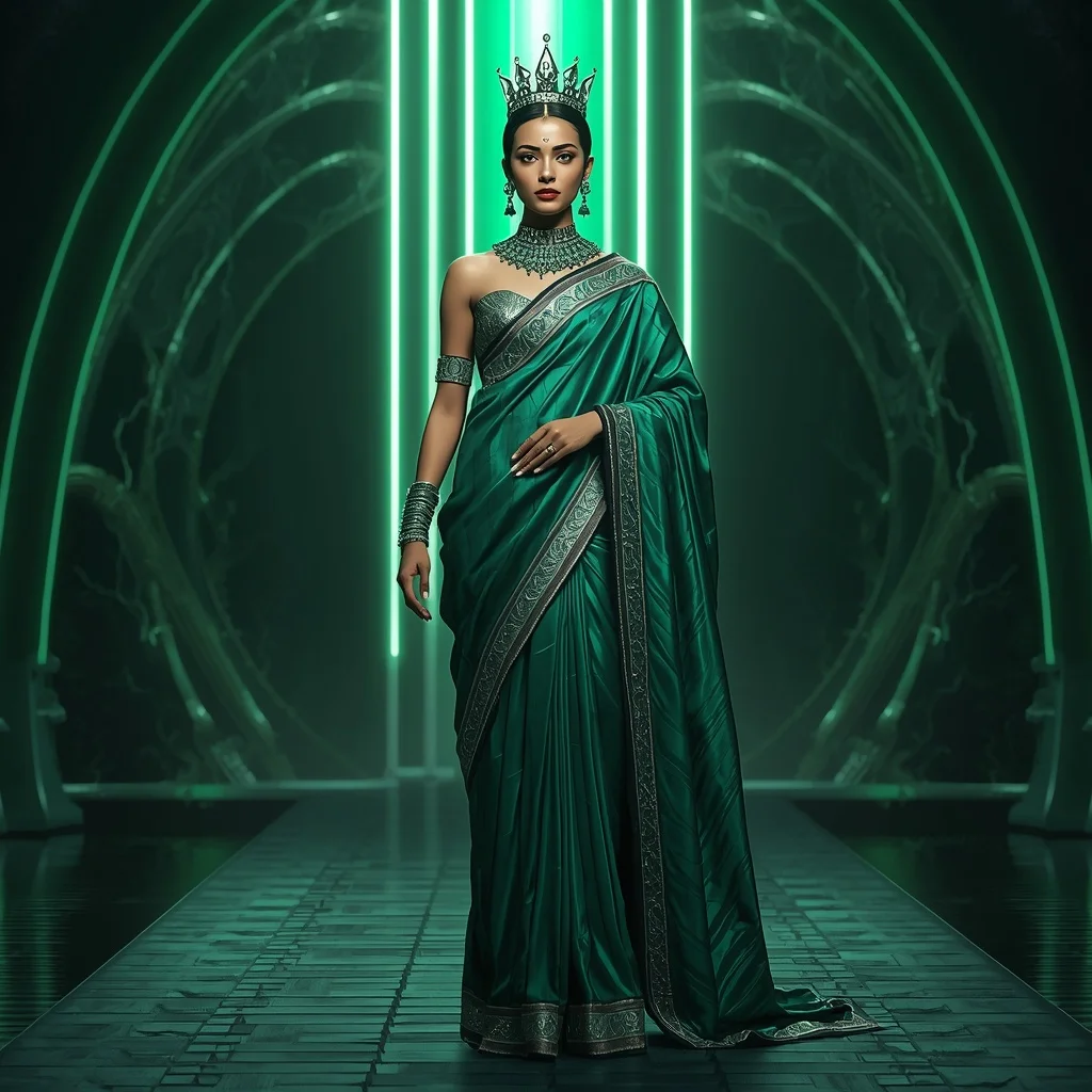 Jade Vajra Imperial Saree with Emerald Lightning Crown Throne Zenith Fortress | Instagram Viral Photo Prompt