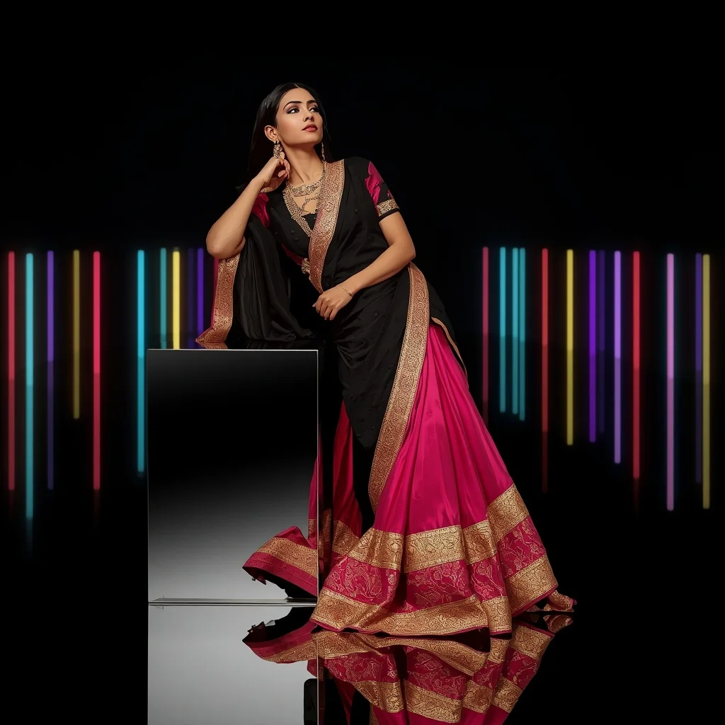 Jet Black and Neon Pink Dual-Tone Silk Saree with Heavy Gold Hardware | New Instagram Trend Prompt For Girl Aesthetic