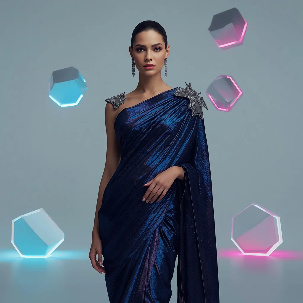 Kinetic Neon-Cyber Saree with Sculpted Metallic Shoulders | Prompt For Gemini Ai Girl Model Instagram
