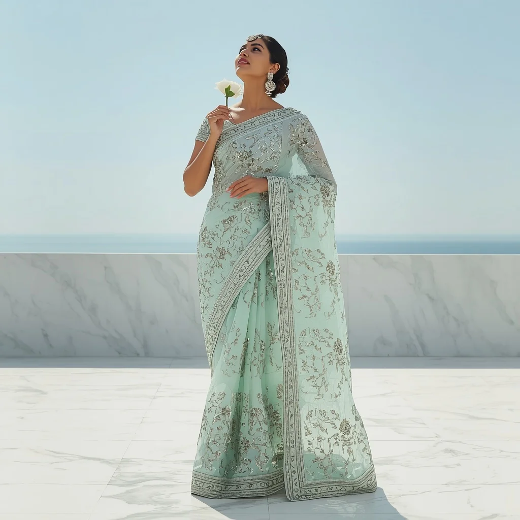 Laser-Cut Metallic Foil Seafoam Green Saree | Poised Looking Up Pose | Instagram Reel Ai Prompt