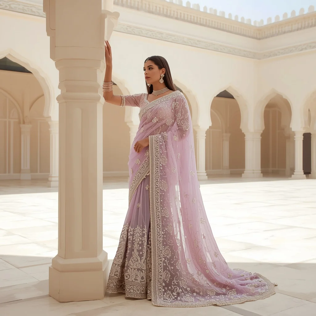 Lavender Massive Pearl Drop & Cutwork Border Saree | Leaning on Arch Pose Advanced Design | Prompt For Gemini
