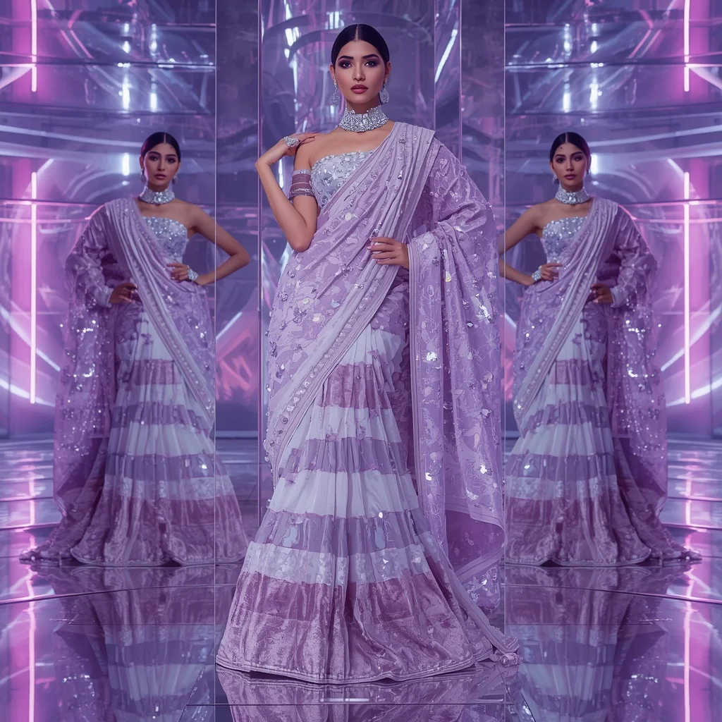 Lavender Moonlight Hyperverse Saree with Floating Glamour Poses and Neon Reflection Realm | Aesthetic Ai Prompt