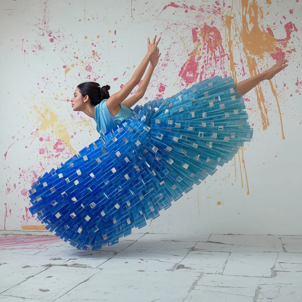 Layered Cobalt Glass Slabs & Industrial Riveted Steel Mesh Pastel Aqua Saree | Diagonal Mid-Air Dive Pose | Gemini Ai Photo