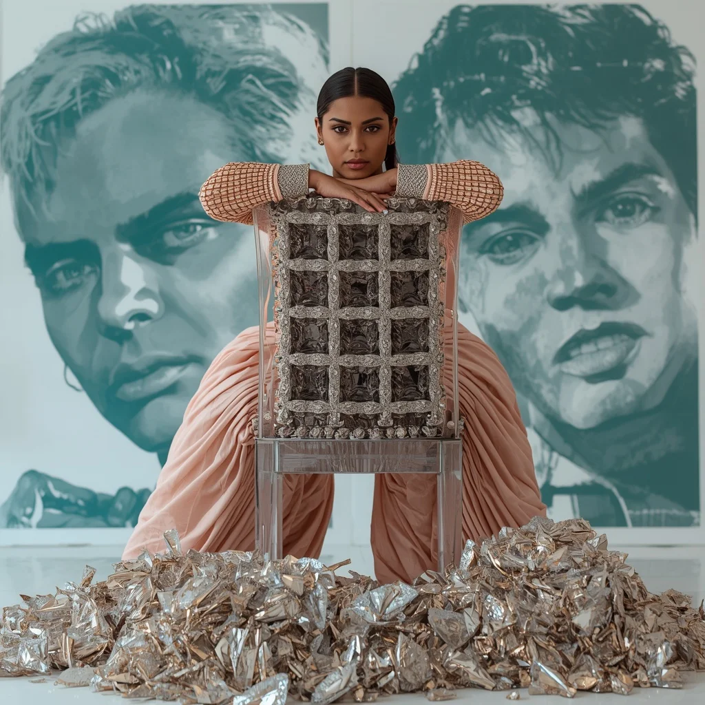 Layered Raw Hematite Shards & Gilded Silver Block Grid Pastel Shell Pink Saree | Reverse Chair Straddle Pose | Ai Prompt For Reels
