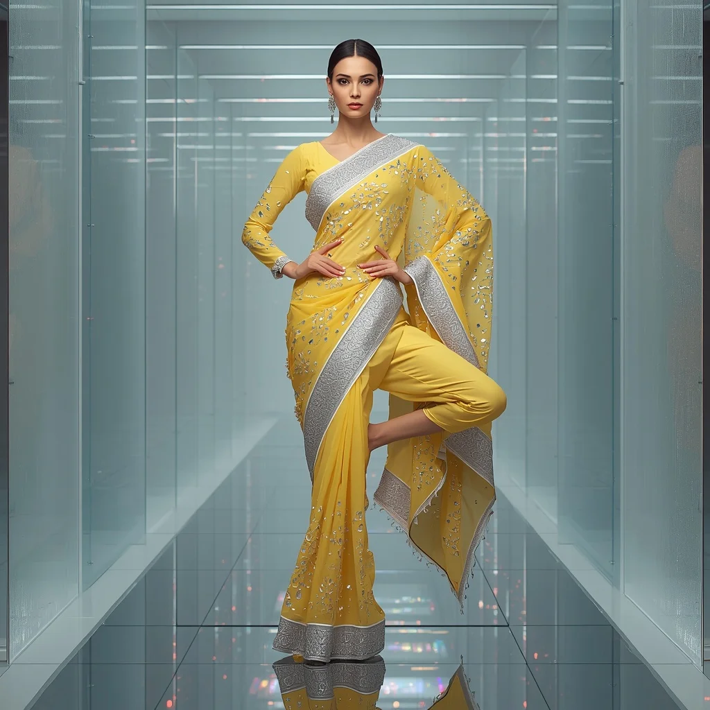 Lemon Yellow Heavy Gota Patti and Mirror Fusion Saree | Prompt For Traditional Look For Couple