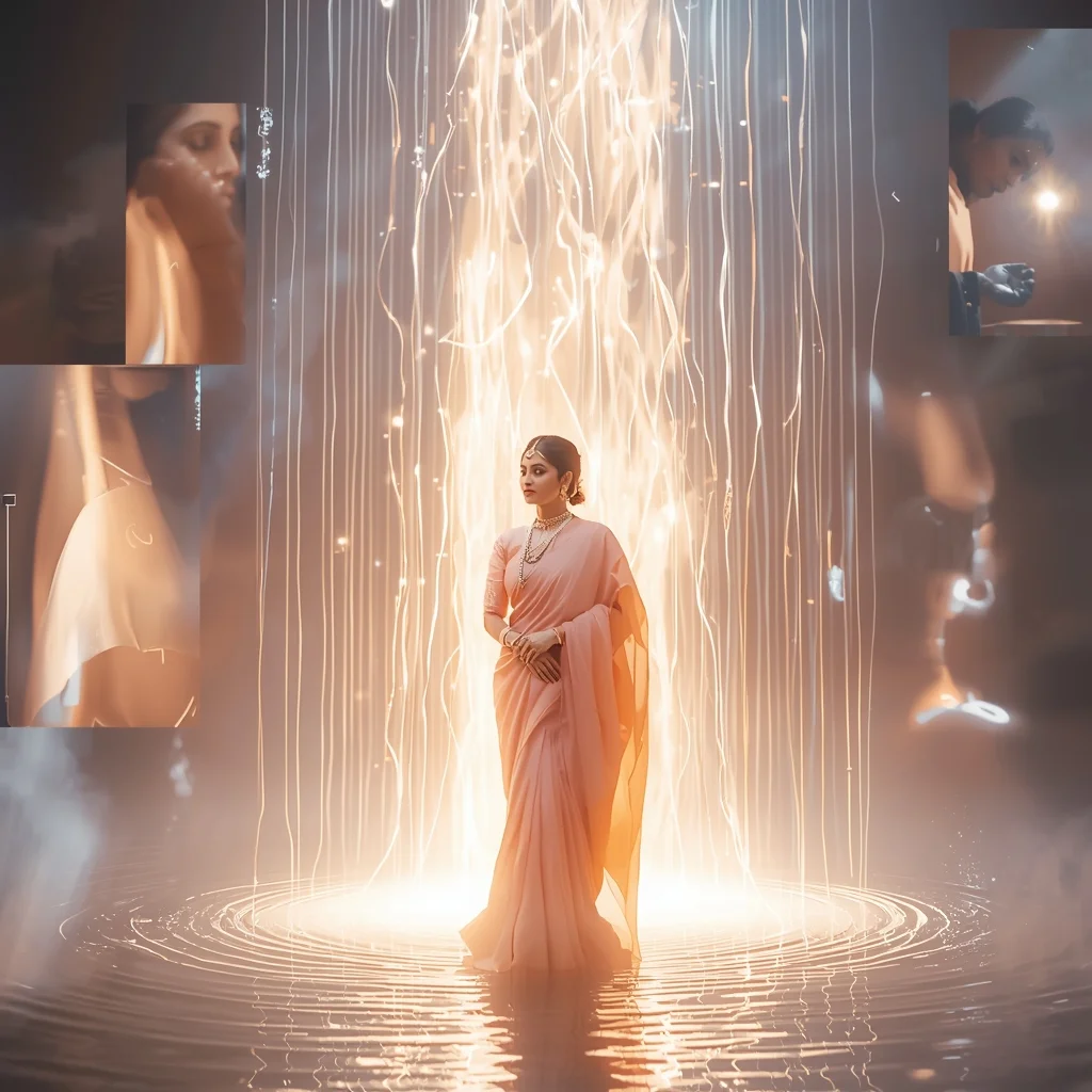 Light Waterfall Glow Pastel Saree Image Prompt Dreamy Portal Cinematic Collage Saree Prompt | Saree Dp Ai Prompt