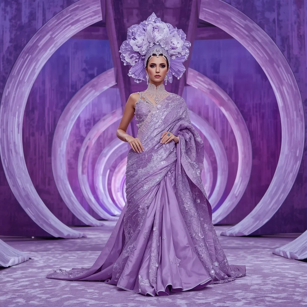 Lilac Aurora Fantasy Empress Saree with Velvet Bloom Infinity Temple | Prompt Seen Trending Girl 2026 Instagram