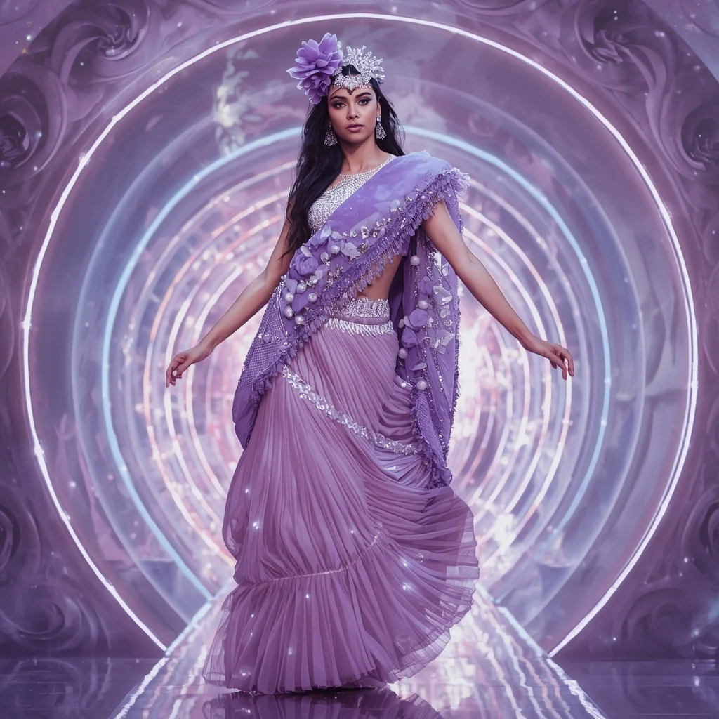 Lilac Aurora Fantasy Saree with Velvet Bloom Infinity Sanctuary | South Indian Prompt For Girl ChatGPT