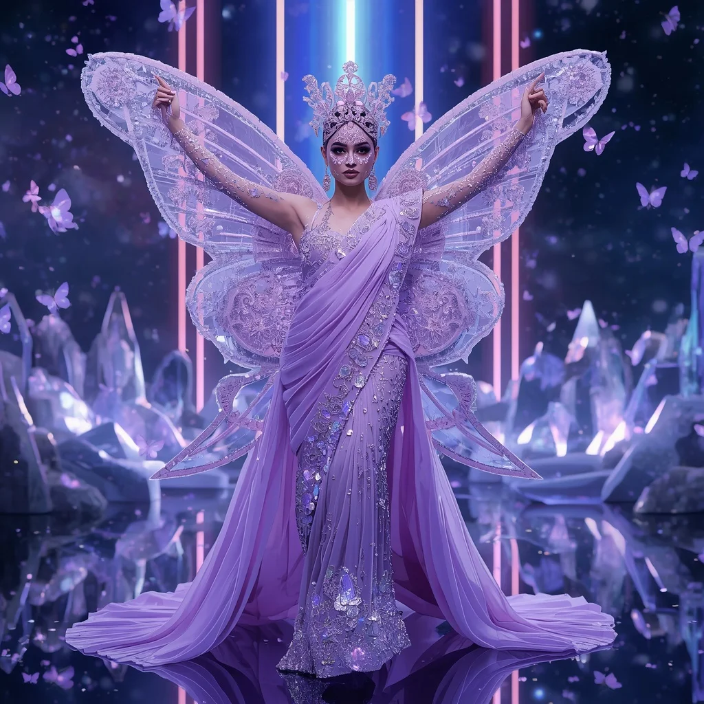 Lilac Fairy Empress Saree with Butterfly Crystal Kingdoms and Aurora Dream Multiverse | Desi Girl Ai Prompt