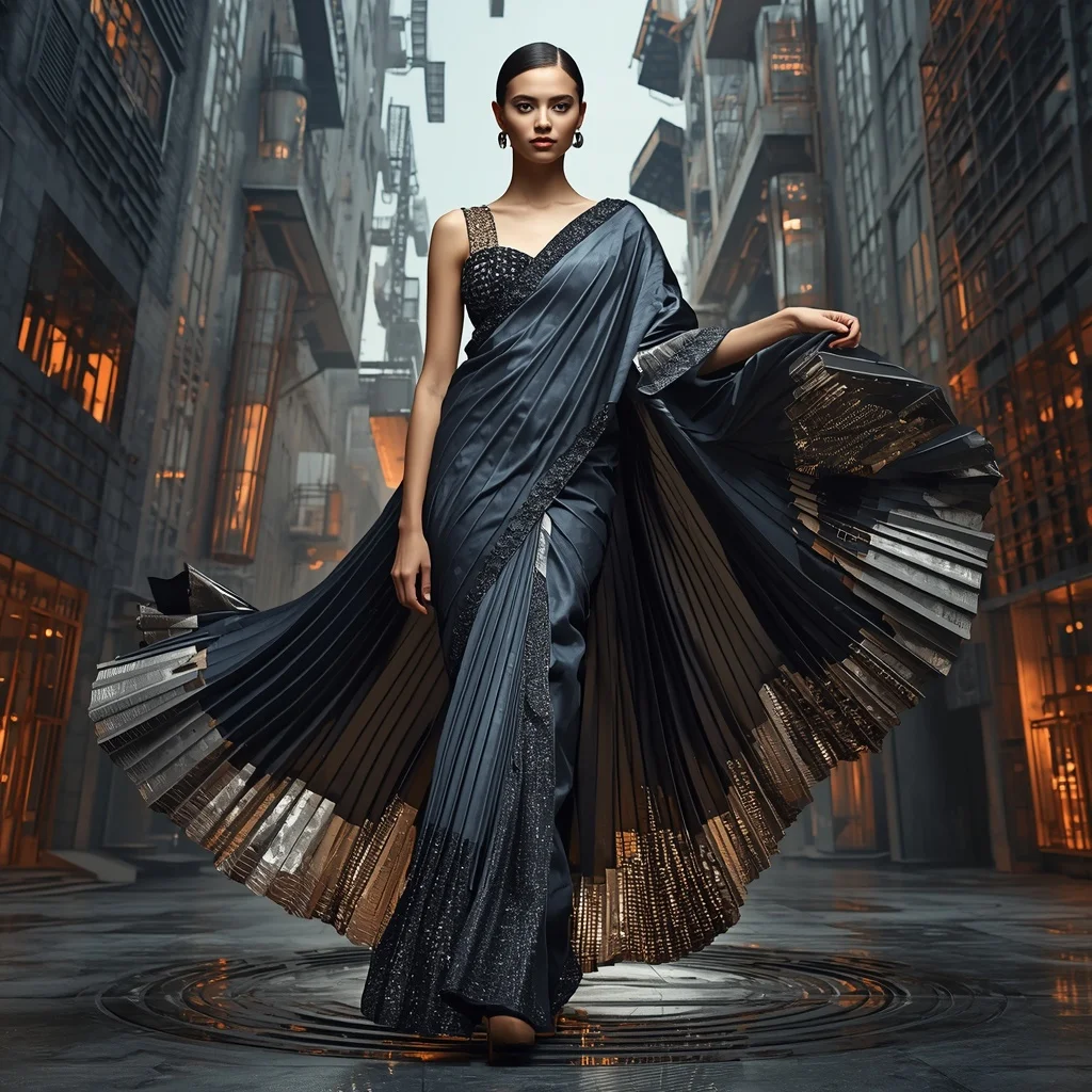 Liquid Architecture Saree with Floating City Fold Structures | Attitude Ai Prompt