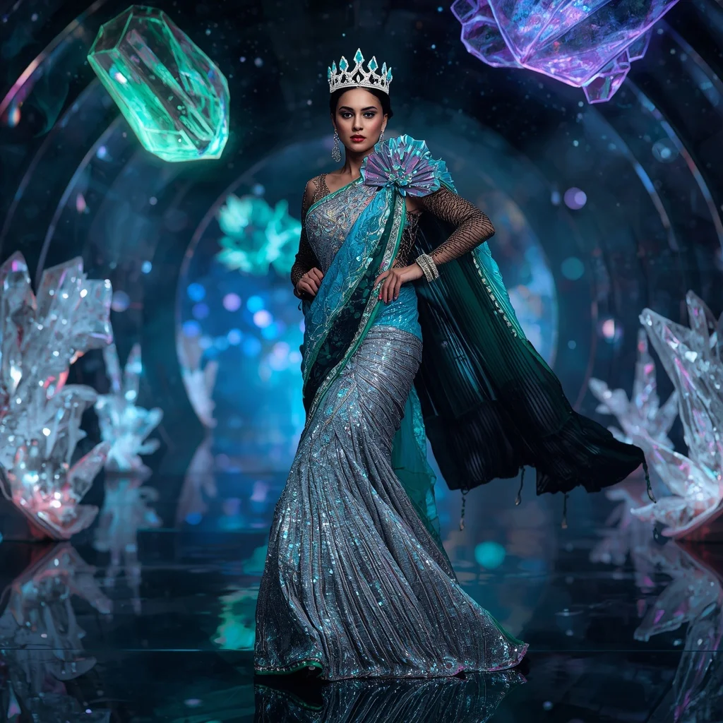 Liquid Aurora Crown Saree with Floating Neon Crystal Universes | Trending Girl Photo Prompt