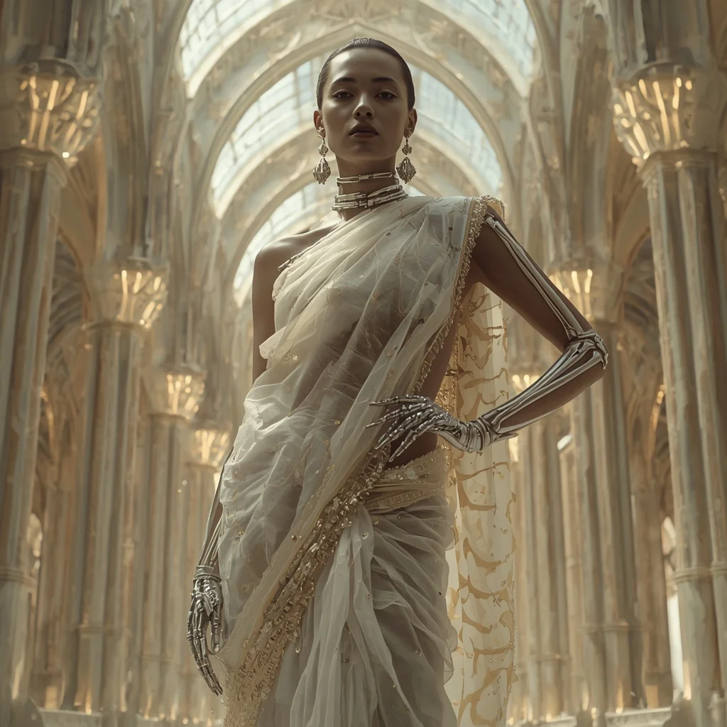 Liquid Bone Crystal Saree with Synthetic Skeleton Cathedral | Prompt For Gemini AI Girl