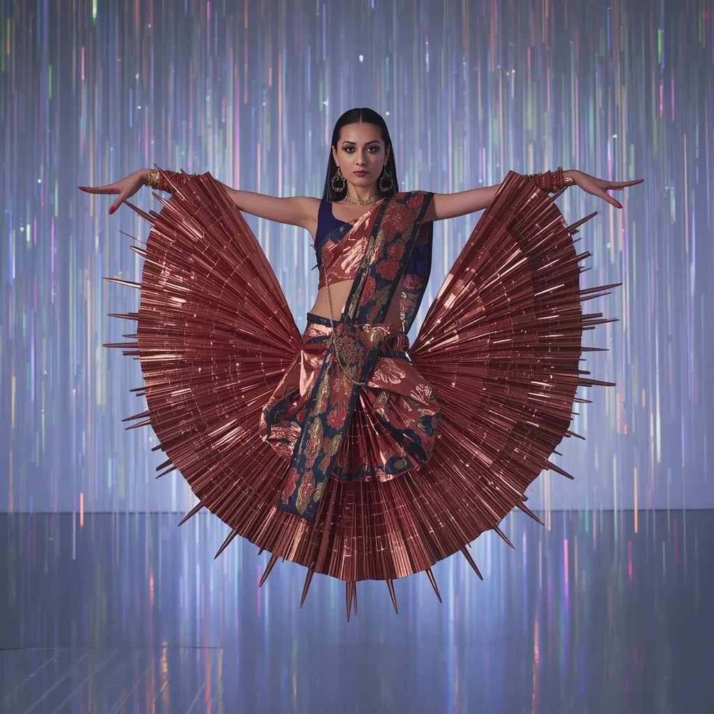 Liquid Chrome Latex & Sharp Mirror Spike Saree: Rose Gold | The Crossed-Leg Levitating Zenith Pose | Fiber-Optic Waterfalls Void