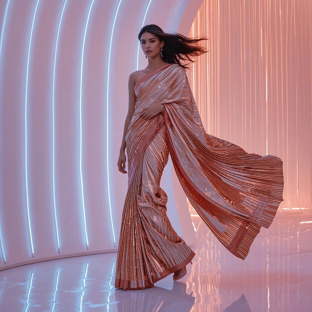 Liquid Copper and Iridescent Pearl Saree with Neon Waterfall Room | Prompt Seen Girls AI Photo Editing